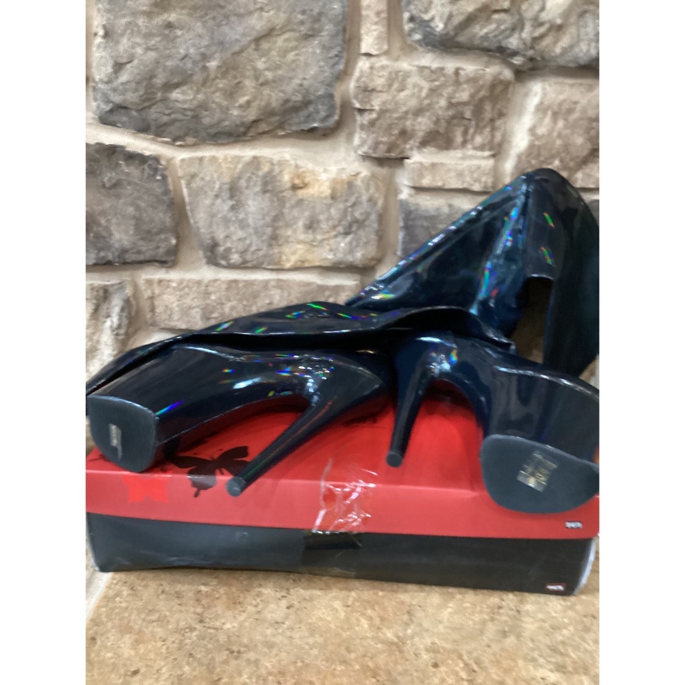 Pleaser Flamingo-3000HWR Black Holographic Thigh High Platform Boots 8 US 38 EU - Picture 3 of 5